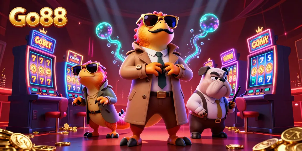 Experience the thrill of Go88 gaming with three raptors sneaking into a VIP lounge amidst lively slot machines.
