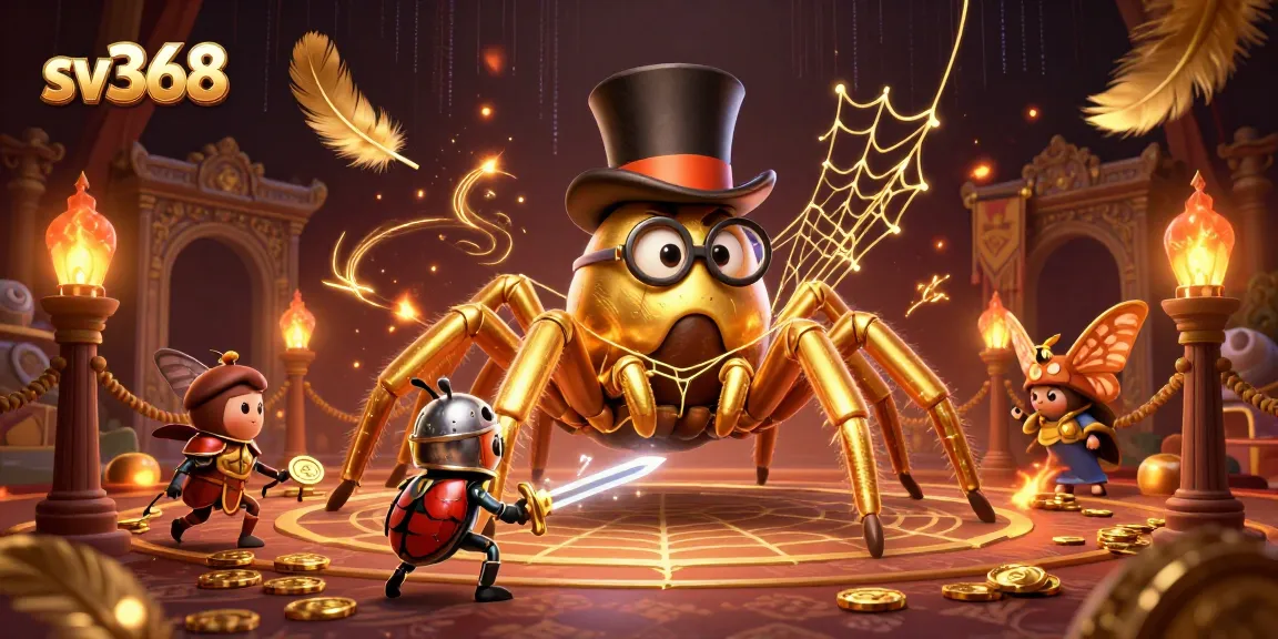 Experience sv368's thrilling action with a golden tarantula and a brave beetle knight in a captivating casino scene.