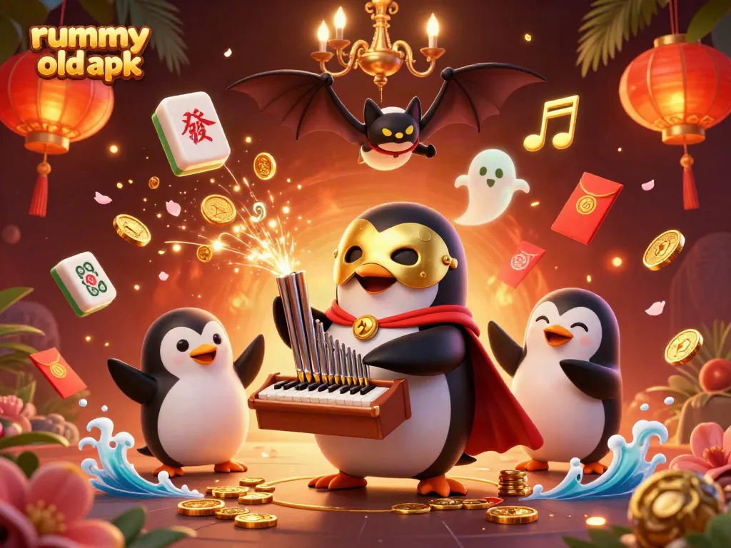 Permainan kartu di aplikasi rummy old apk dengan dadu dan koin emas mengelilingi karakter menarik.