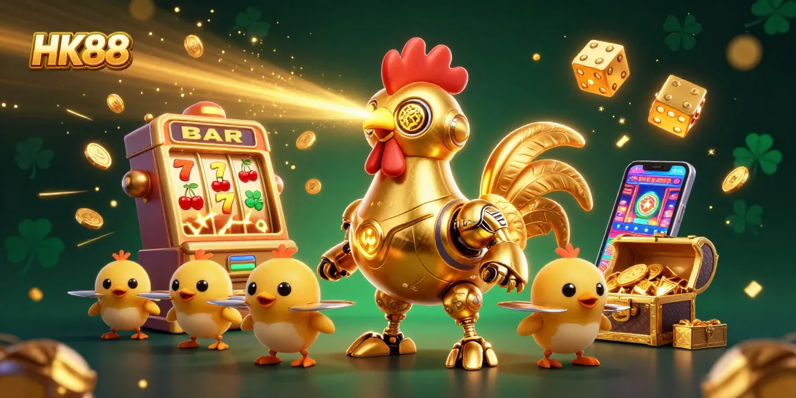 Experience thrilling gaming action at HK88 with a dynamic, colorful casino illustration showcasing exciting slot machines and characters.