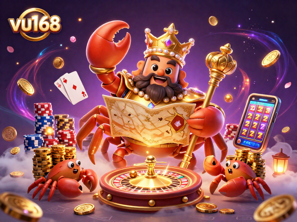 Experience the vibrant world of vu168 with a golden crab emperor surrounded by colorful casino elements.