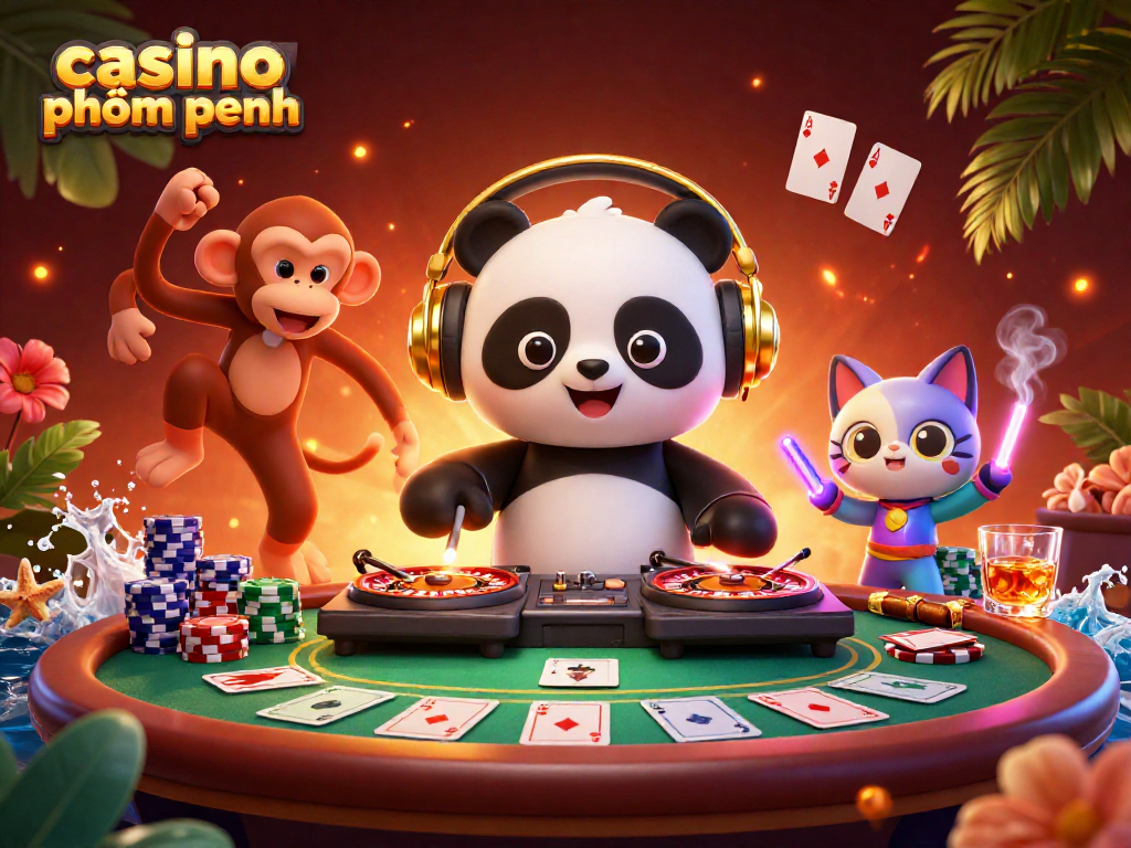 Spin big at casino phnom penh with a vibrant scene of a panda DJ, dancing monkey, and festive kitty.
