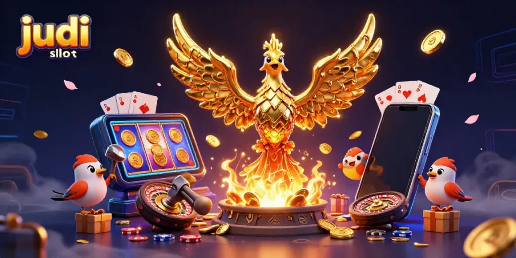 Experience the thrill of judi slot with a molten golden phoenix and vibrant gaming elements!
