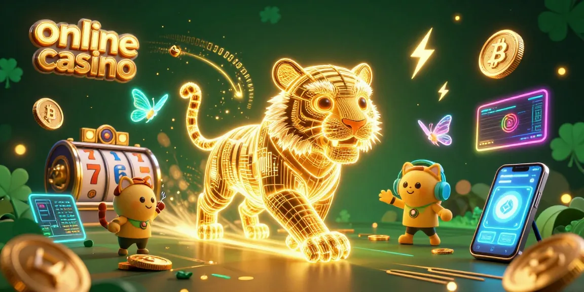 Engaging scene in an online casino featuring a golden tiger and butterflies with crypto elements.