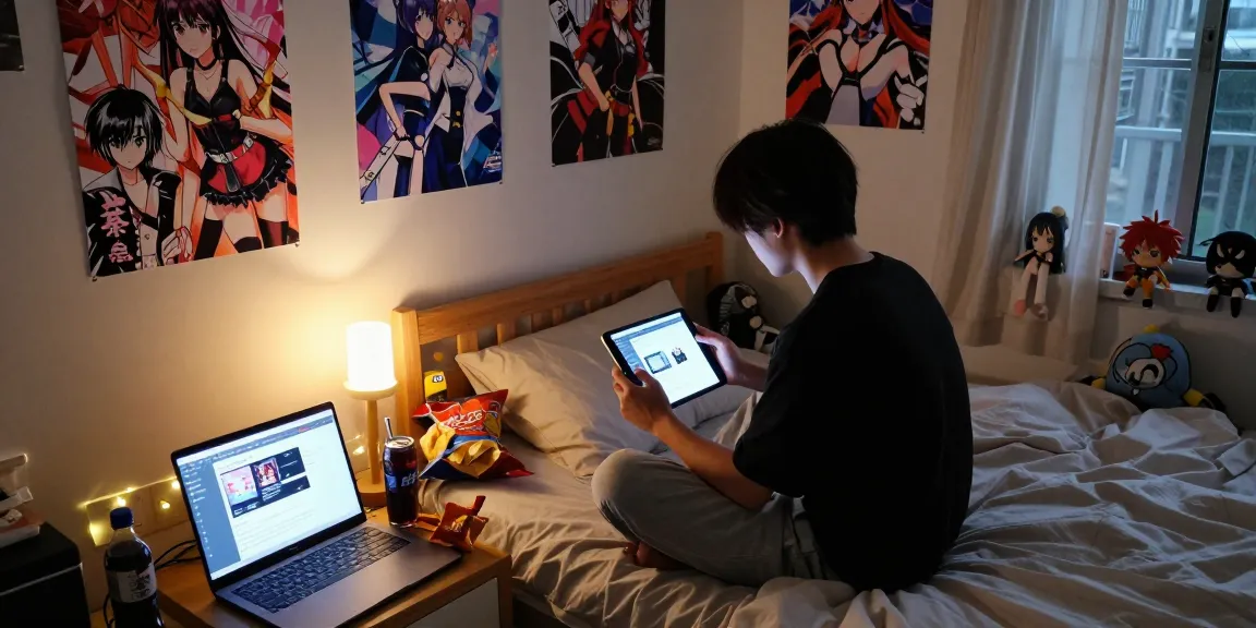 Engaging scene of a player enjoying hentai games on a tablet in a cozy bedroom environment.