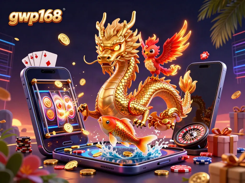 GWP168 menyajikan naga emas yang berkilau dengan phoenix merah di atasnya sambil memainkan slot dan berebut koin.