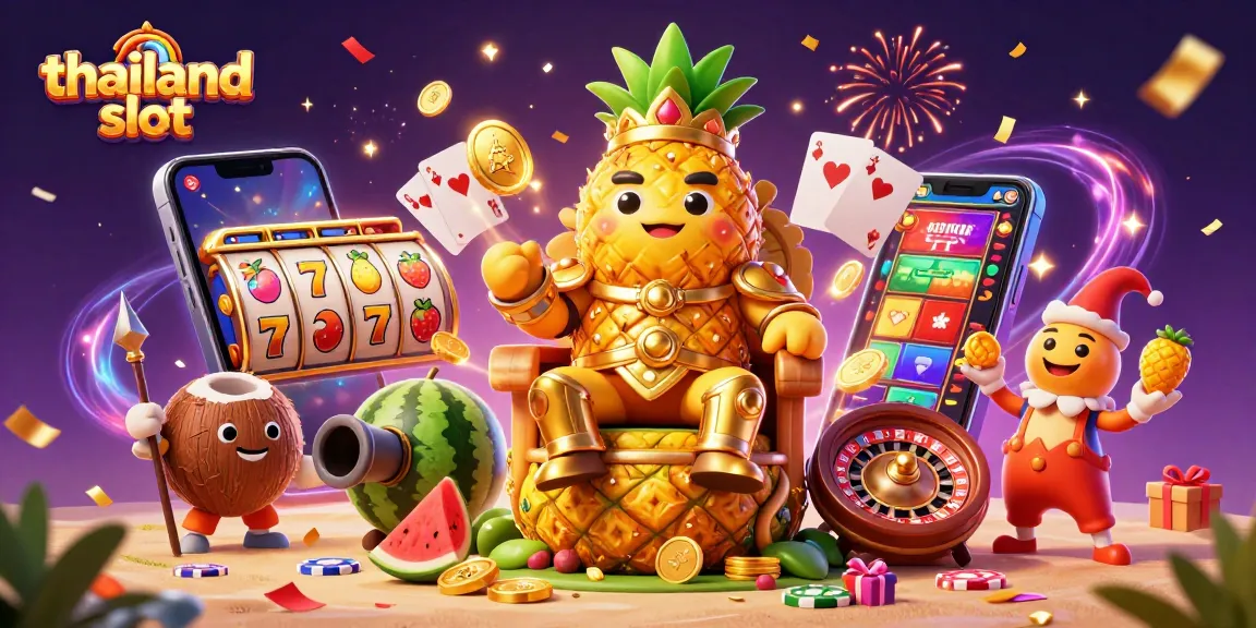 Engaging thailand slot scene with golden pineapple king amidst colorful casino elements and dynamic energy.