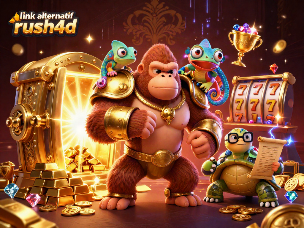 Menangkan slot dengan link alternatif rush4d di tengah tumpukan koin emas dan harta karun yang bersinar.