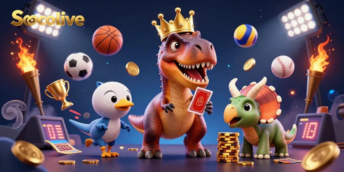 Socolive showcases a dynamic scene with a T-Rex and friends engaging in vibrant sports betting activities.