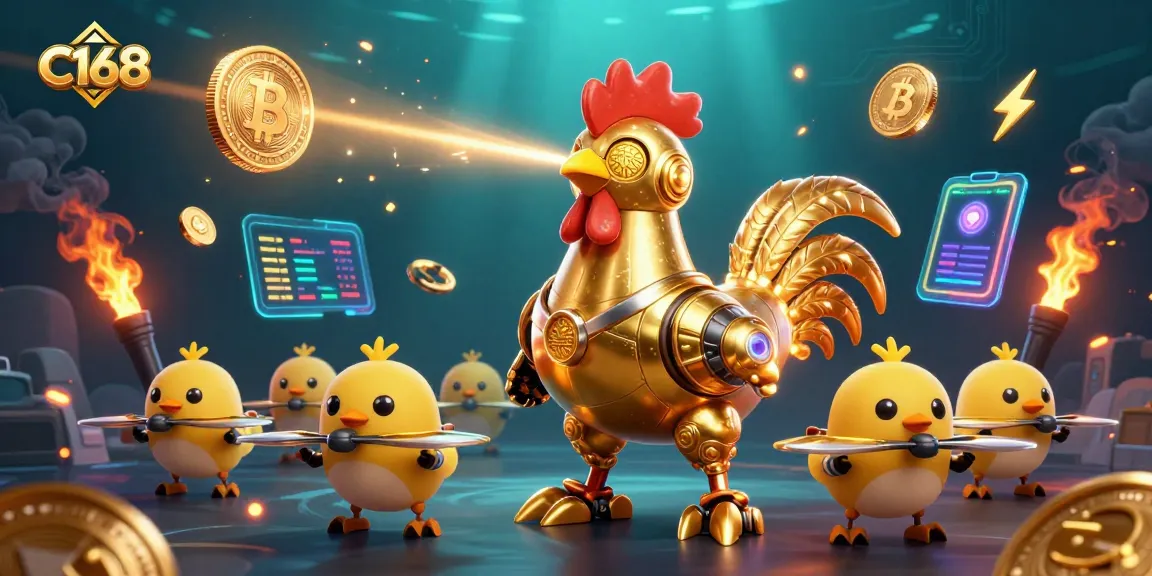 Experience C168's thrilling casino adventure with golden robot and baby chick drones amidst neon cryptocurrency elements.
