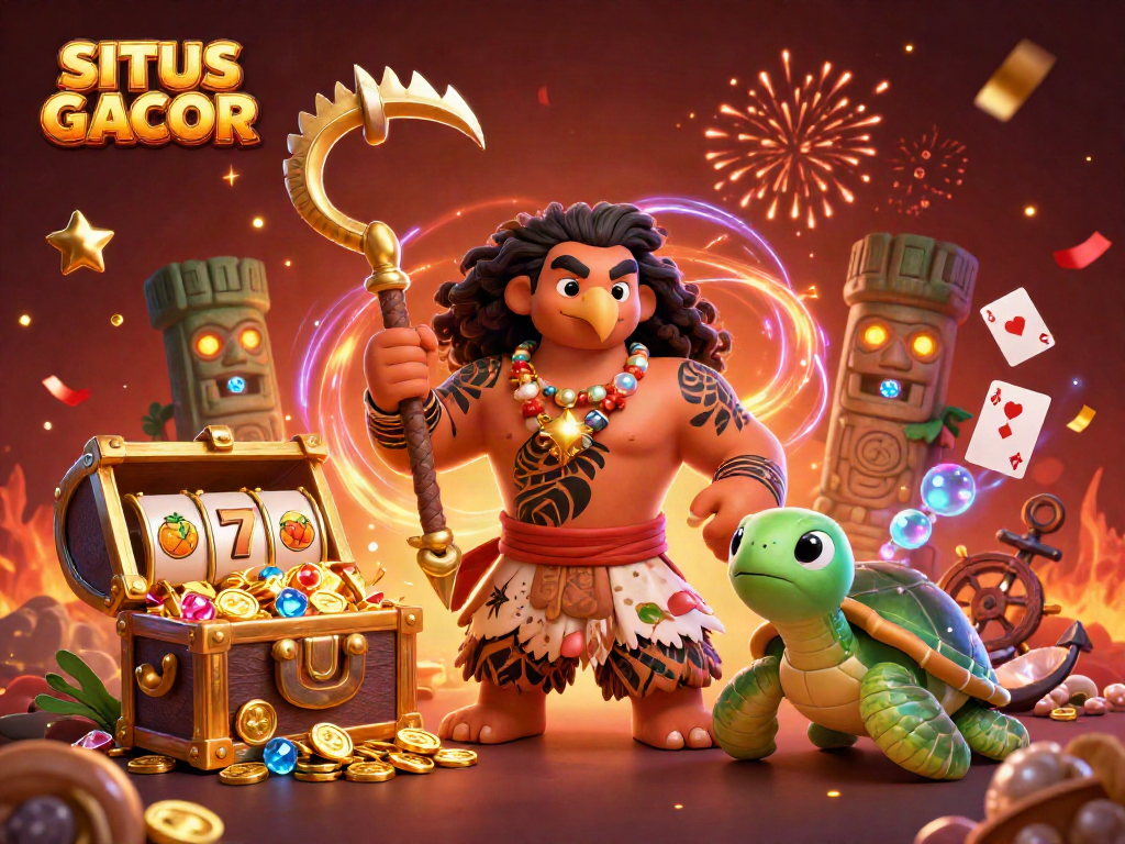 SITUS GACOR showcases vibrant Hawaiian-themed gaming with playful characters and dynamic casino elements.