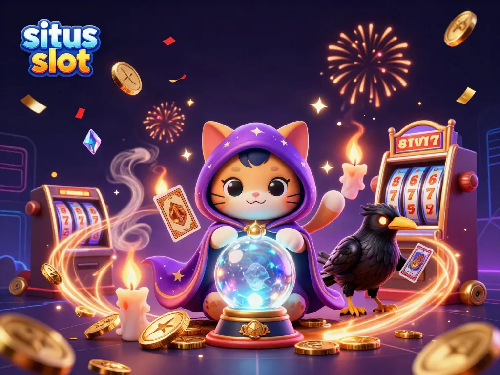 Catch the excitement of situs slot with a mystical cat, a raven, and vibrant casino elements.