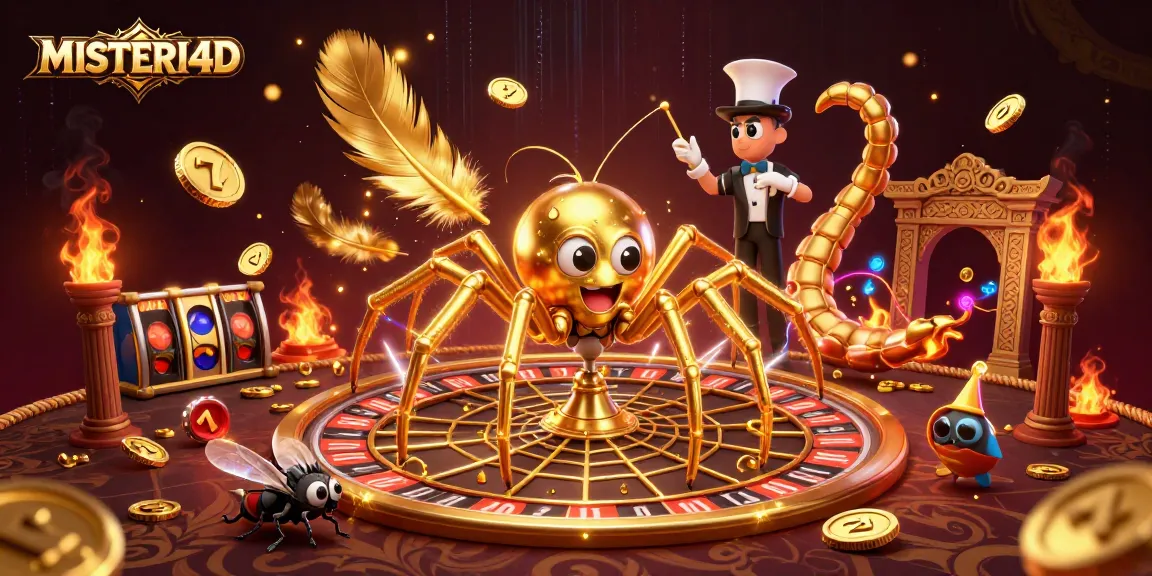 Engage in thrilling gameplay with MISTERI4D, featuring a golden spider and roulette web surrounded by stunning casino elements.