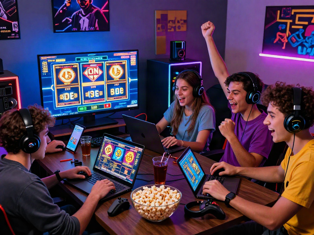 Friends playing slot online games together, showcasing excitement and gaming culture.