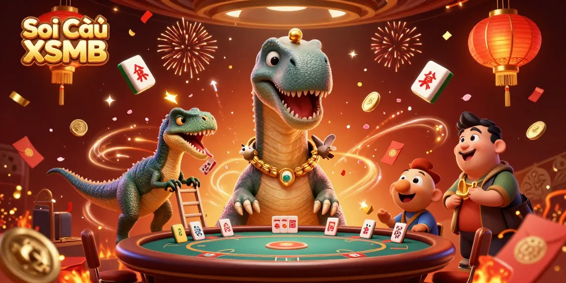 Engage the magic of Soi Cầu XSMB with a whimsical casino scene featuring a dinosaur and raptor dealing cards.