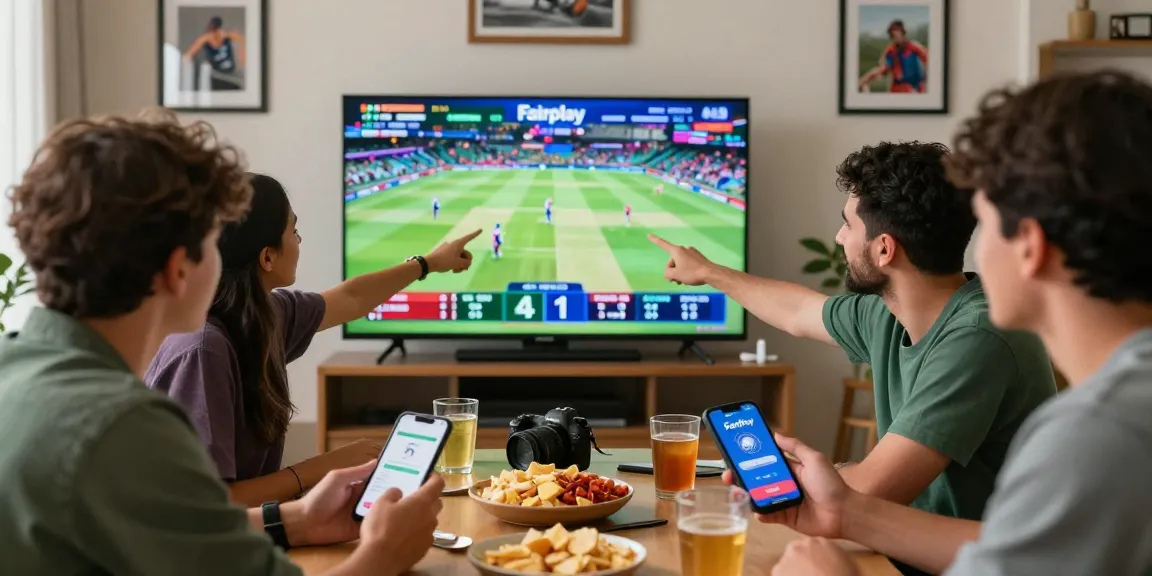 Friends enjoying live cricket betting with FairPlay id, watching match odds and stats on large screen.