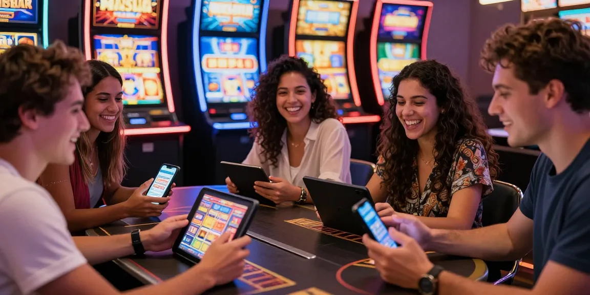 Grup teman menikmati permainan slot gacor online dengan suasana ceria di kasino.