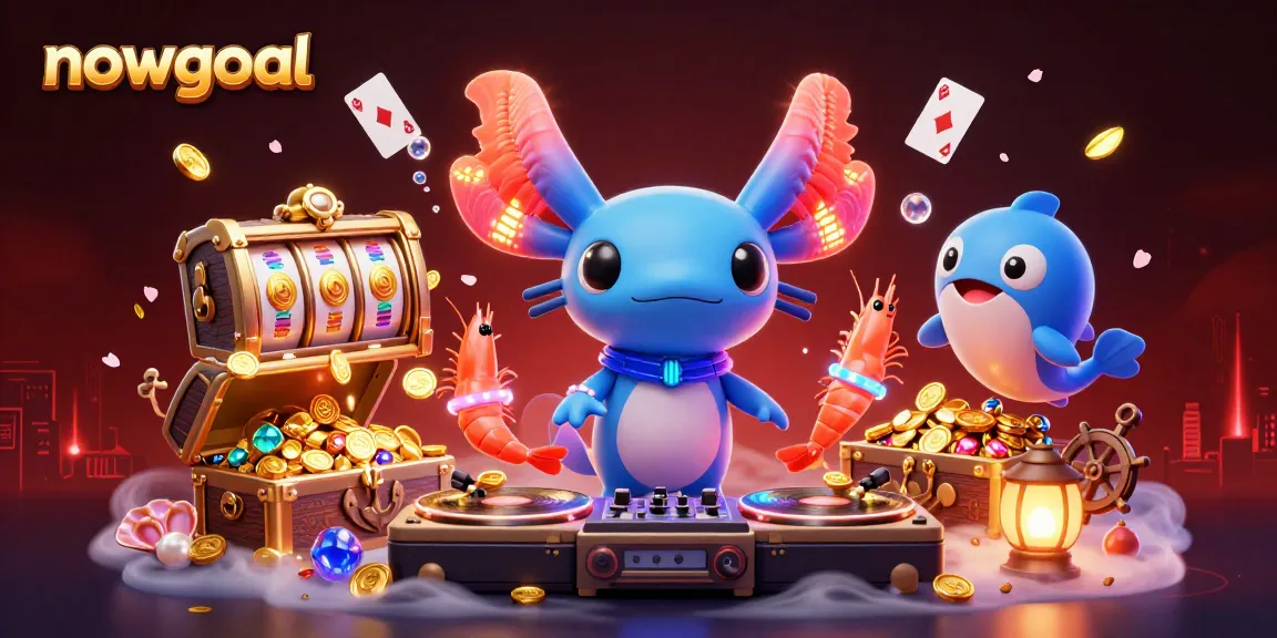 Engage in the thrill of Nowgoal as a vibrant DJ axolotl spins records in an electrifying underwater casino scene.