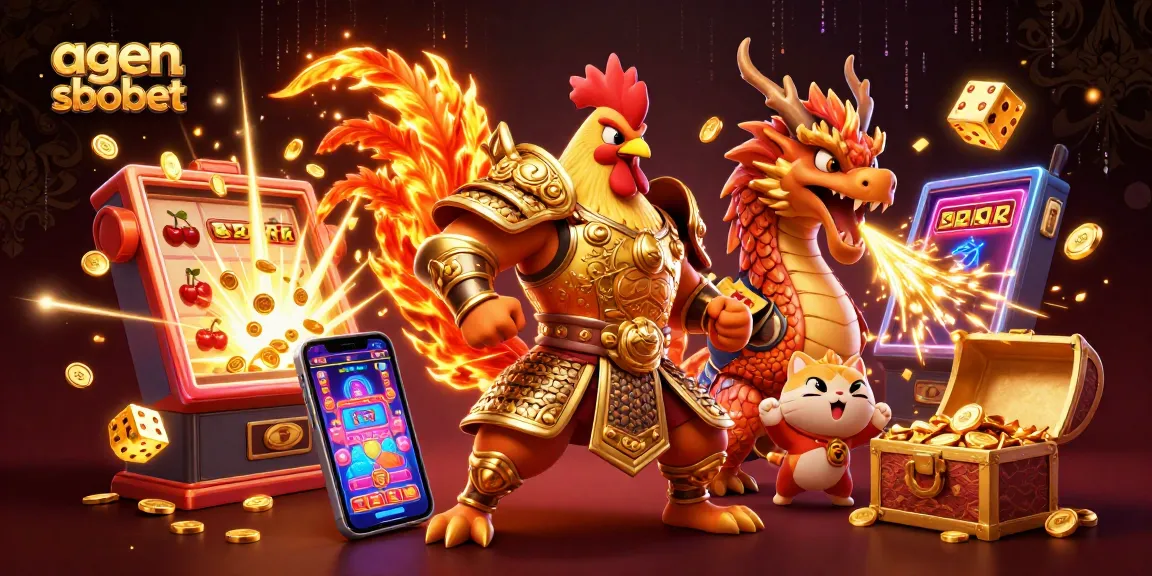 A thrilling scene depicting agen sbobet with a fierce rooster warrior and dragon hatchling surrounded by casino elements.