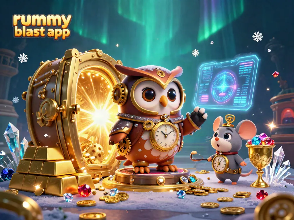 Engage in strategic play with the rummy blast app, showcasing a dynamic gambling scene filled with treasures.