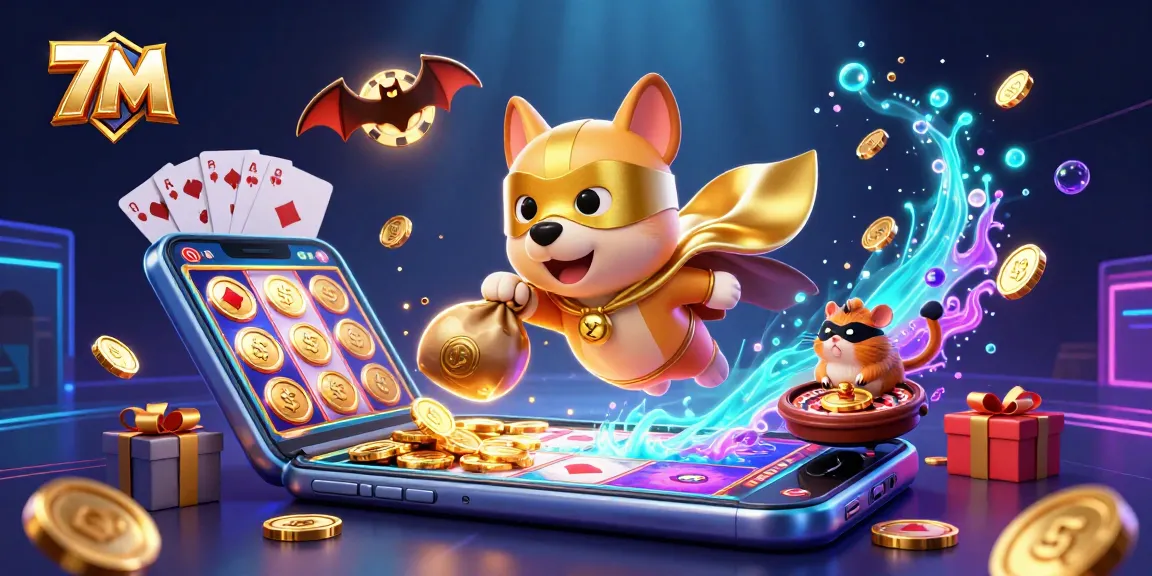 7M's superhero dog flies with treasures amid vibrant casino elements, energizing gamers.