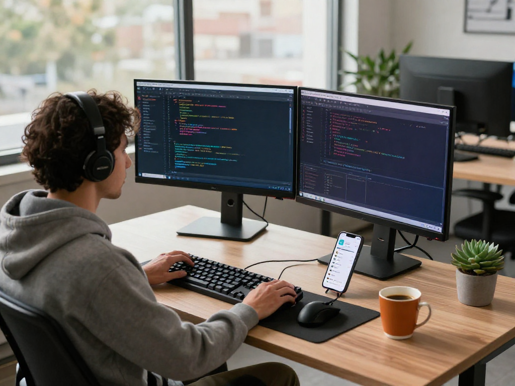 Developer menggunakan wifi 4d di ruang kerja modern dengan monitor besar dan tanaman hias.