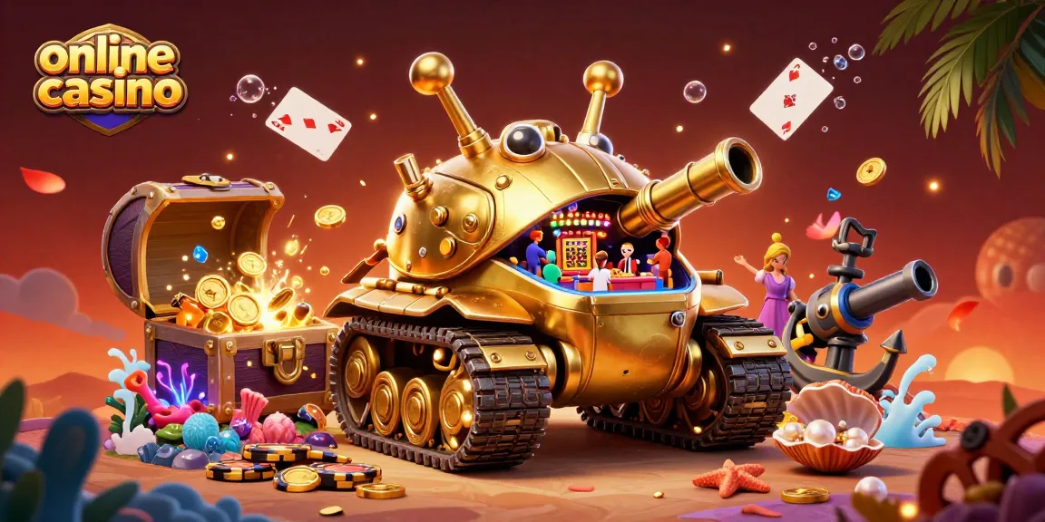 Engage in a vibrant online casino scene with a golden beetle tank revealing a miniature casino.
