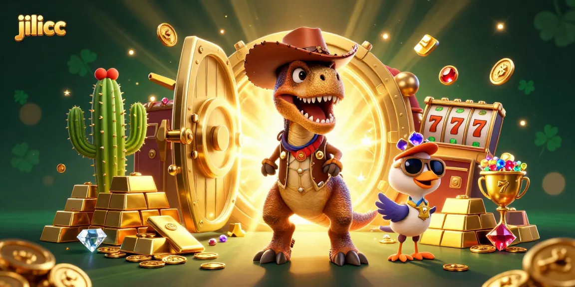 Experience thrilling gameplay on jilicc with a vibrant 3D scene featuring a cowboy dinosaur amidst slots and treasures.
