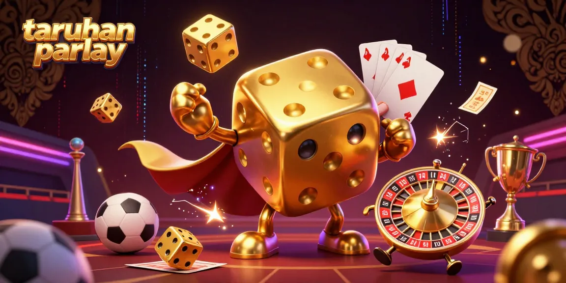 Taruhan parlay dengan mega dadu emas dan elemen olahraga berkilau untuk pengalaman sosial beruntung.