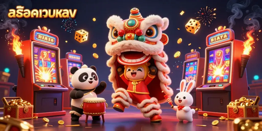Experience excitement with สล็อตเว็บตรง in this lively 3D illustration of a festive lion dance and casino elements.