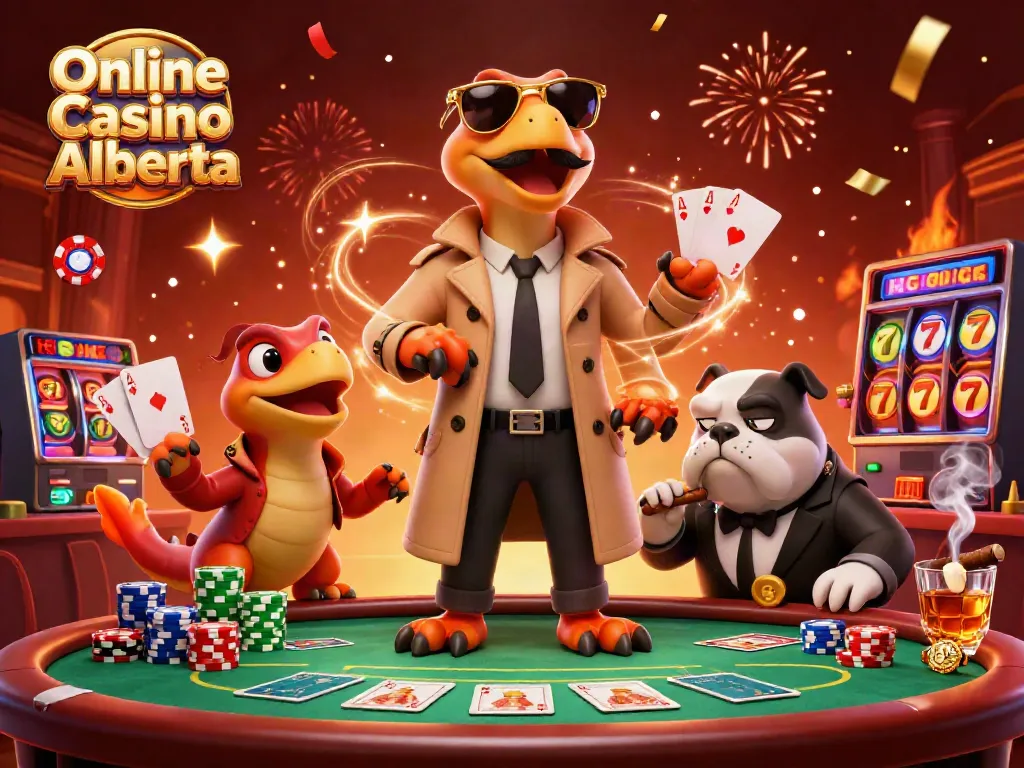 Engage with thrilling action in Online Casino Alberta featuring raptors in a trench coat ready to gamble.