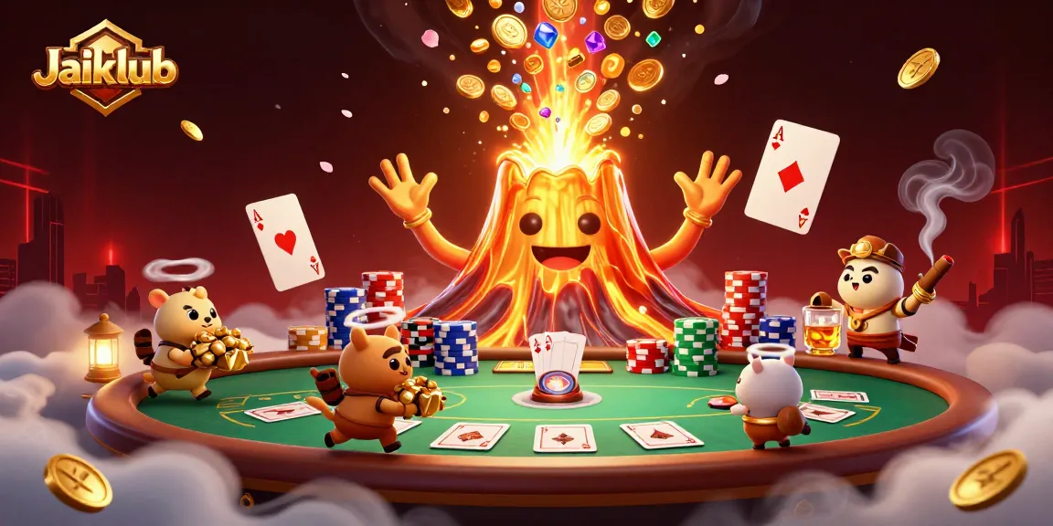 Jaiclub showcases an explosion of coins and gems from a volcano amidst poker elements, promising thrilling gameplay.