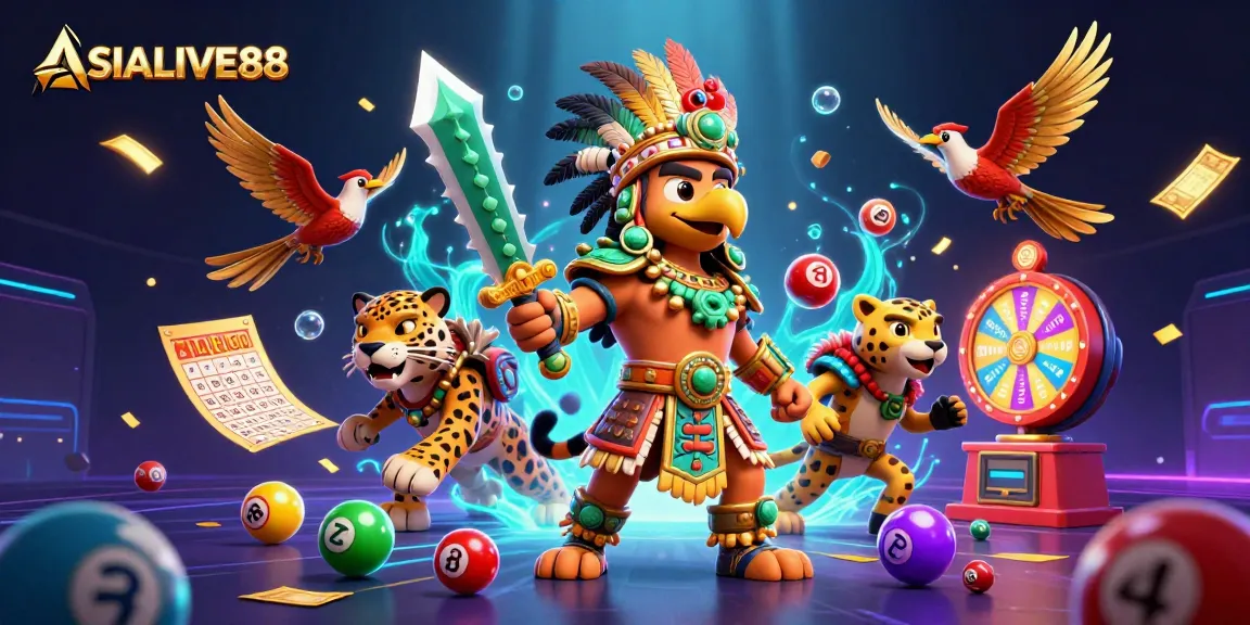 Engage with ASIALIVE88's vibrant lottery scene featuring dynamic game elements and 3D characters.