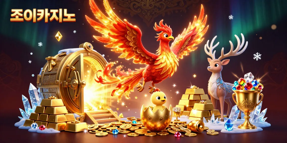 Experience thrilling gaming opportunities with 조이카지노's vibrant casino illustration showcasing golden treasures and dynamic characters.