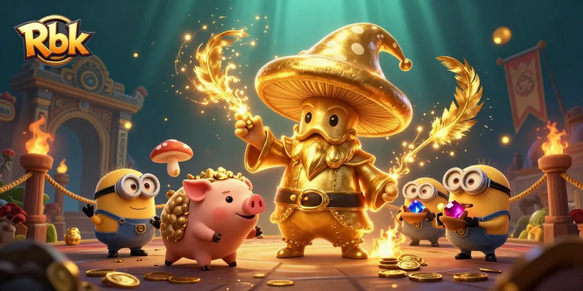 Rbk game illustration featuring the golden wizard and treasure-seeking pig delivering winning moments