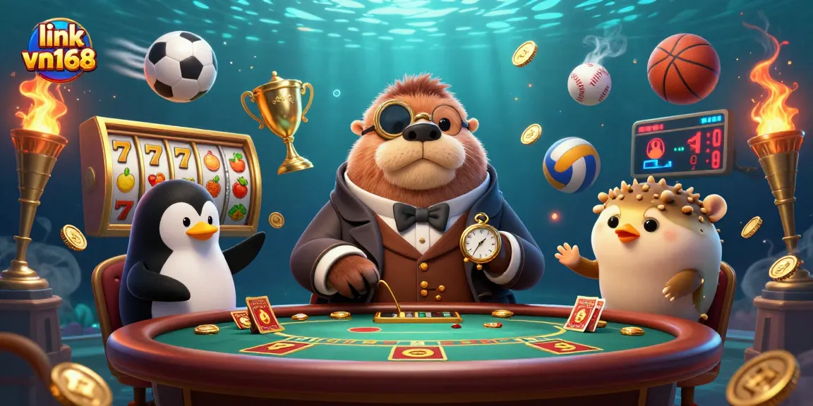 Experience the excitement of gambling with link vn168 at an underwater poker table featuring fantastic characters and vibrant casino elements.