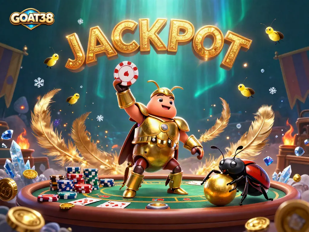 Play to win with GOAT38 in a vibrant poker scene featuring animated beetles celebrating big wins.