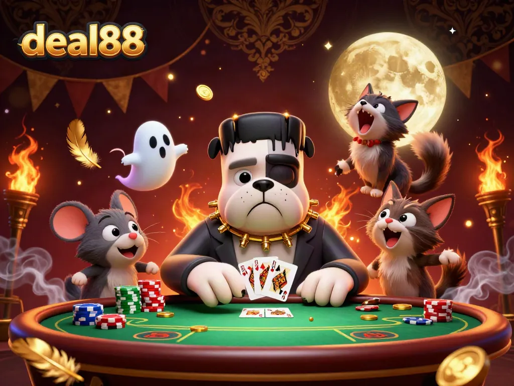 Engage with deal88 while the Frankenstein bulldog monster deals cards at an exciting poker table.