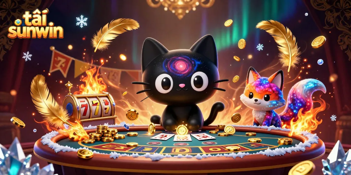 Engage in thrilling gameplay with tải sunwin, featuring a cosmic black hole cat and a colorful nebula fox in a casino scene.