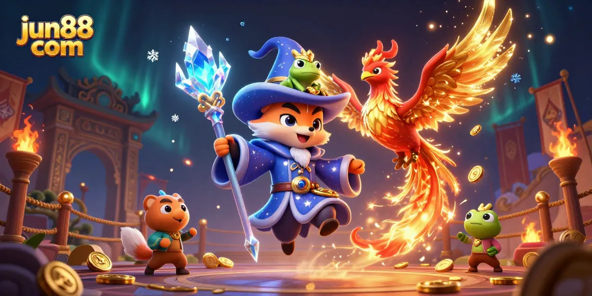 Engage with jun88 com exciting online casino games featuring a mystical wizard fox, phoenix, and enchanting elements.