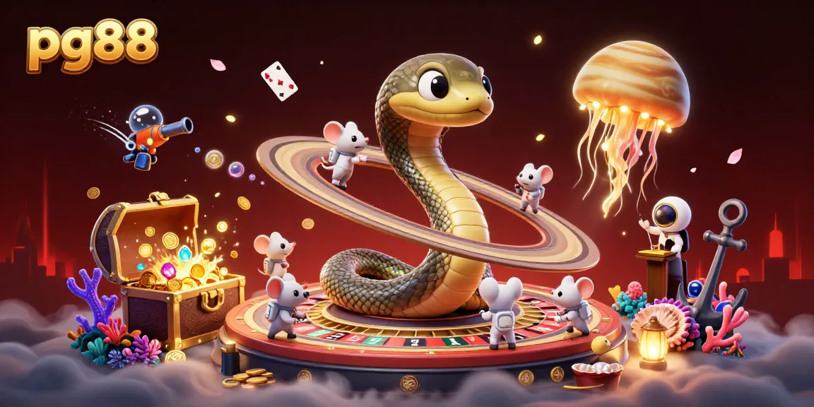 Bet on pg88 as astronaut mice place wagers on Saturn's roulette rings in a vibrant cosmic casino.