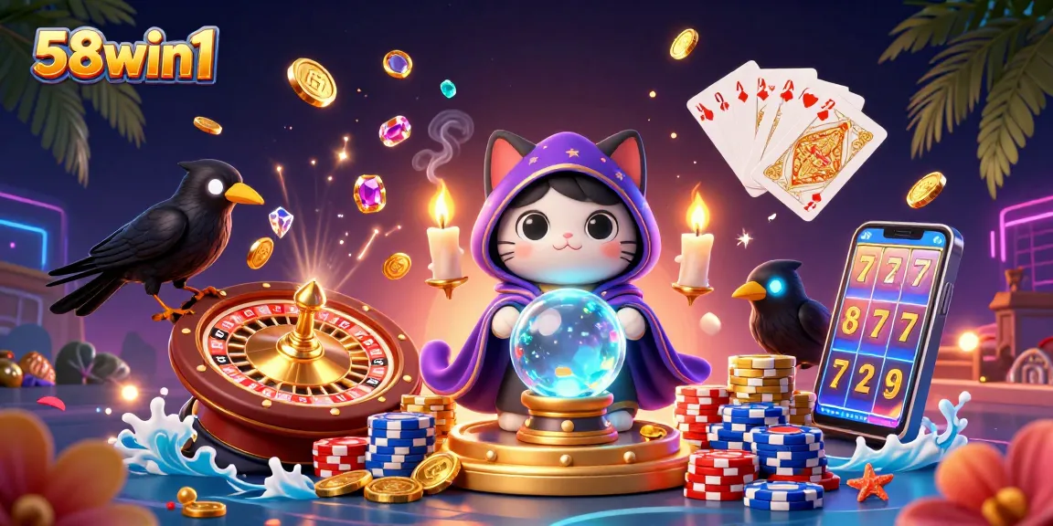 Explore 58win1's vibrant casino scene featuring lucky charms, radiant coins, and a mystic cat guiding players to fortune.