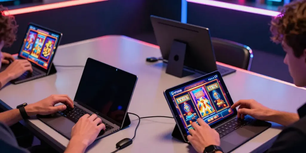 Engaged gamers enjoying seamless qqmacan slot experience on mobile devices.