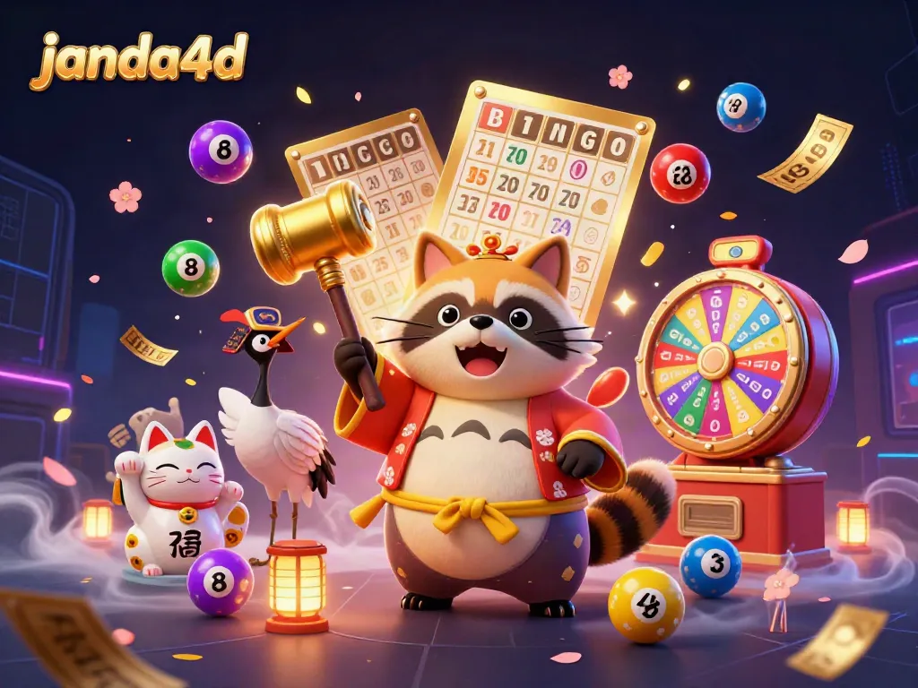 Ilustrasi 3D janda4d menampilkan tanuki ceria dan kucing keberuntungan di latar festival Jepang.