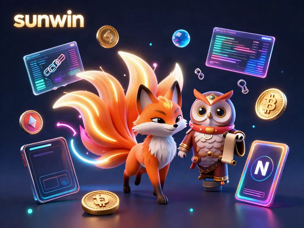 Engage with sunwin through a vibrant 3D illustration featuring a nine-tailed fox and an owl in a neon-lit casino environment.
