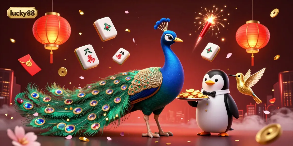 Join the excitement at lucky88 with a vibrant casino scene featuring a peacock, penguin, and hummingbird surrounded by festive game elements.