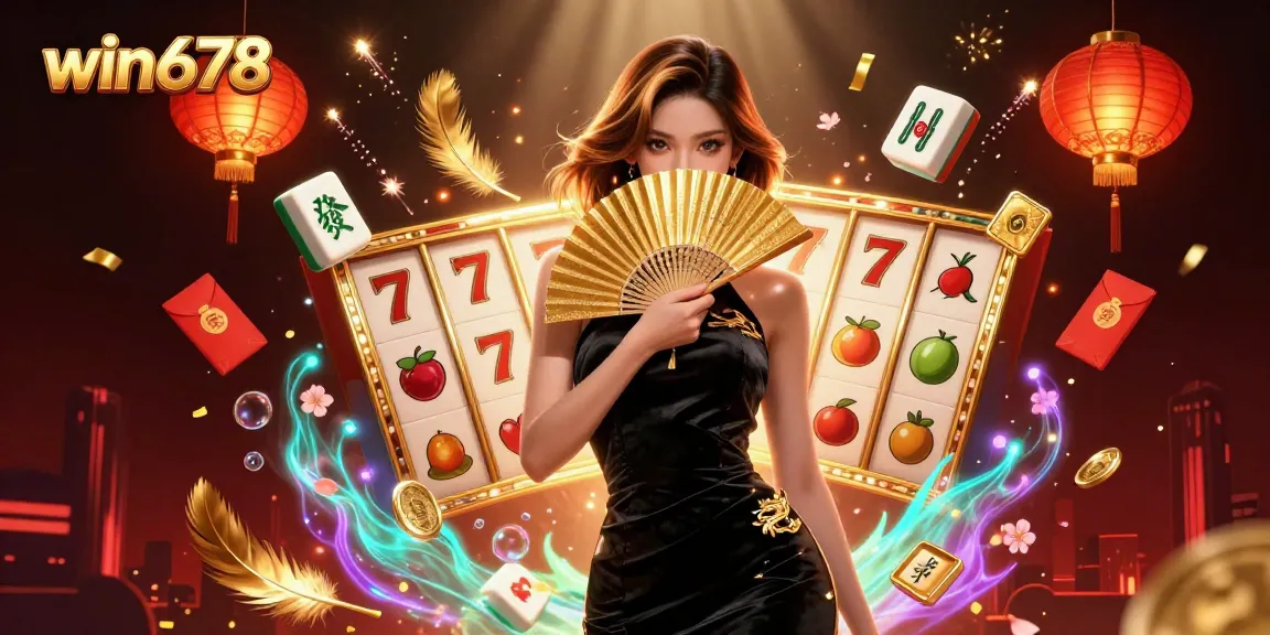 Spin to win678 with vibrant slot reels and a stunning Asian lady amid golden symbols and festive decorations.