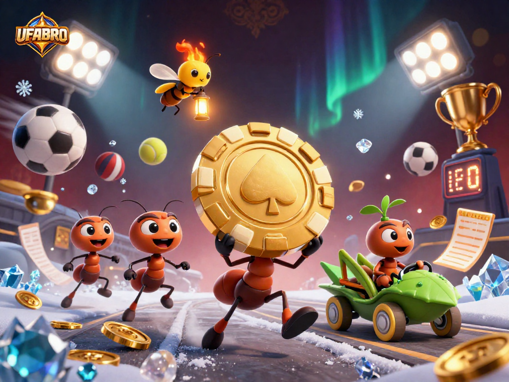 UFABRO ants carrying a giant poker chip in a dynamic casino heist with sports elements.