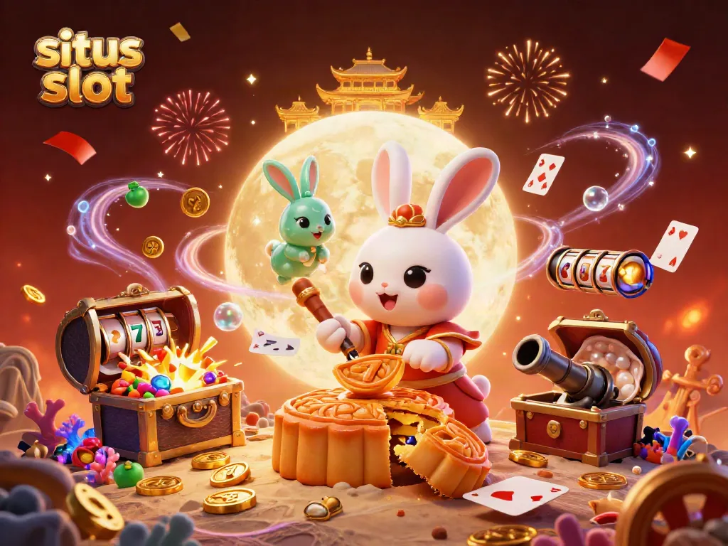 Mengguncang permainan situs slot dengan kelinci bulan dan simbol keberuntungan, menghadirkan suasana kasino yang penuh energi.