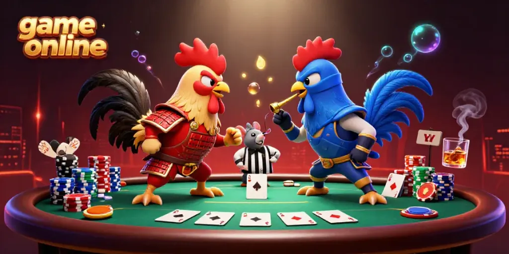 Experience thrilling game online action with fierce roosters in a dramatic casino showdown.